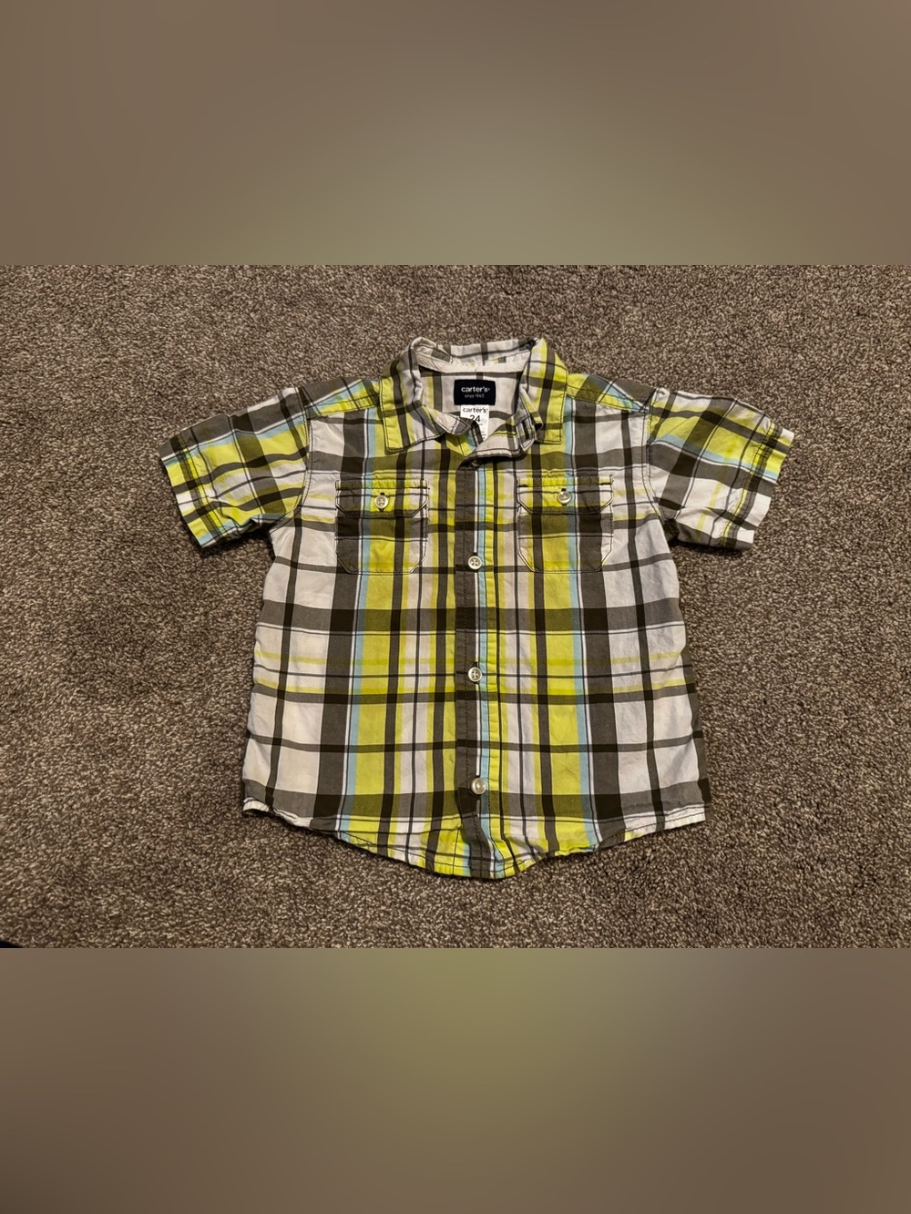 Carter's Plaid Short Sleeve Button down Shirt Boys 24 months 24m Lime Green Gray